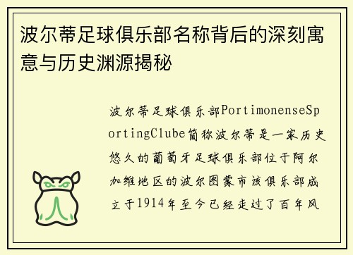 波尔蒂足球俱乐部名称背后的深刻寓意与历史渊源揭秘 波尔蒂足球俱乐部名称背后的深刻寓意与历史渊源揭秘