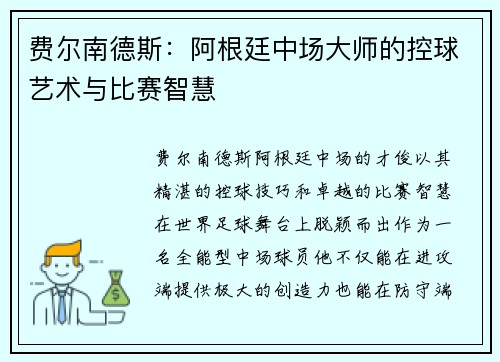 费尔南德斯：阿根廷中场大师的控球艺术与比赛智慧
