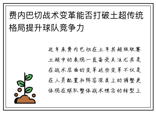 费内巴切战术变革能否打破土超传统格局提升球队竞争力