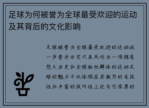 足球为何被誉为全球最受欢迎的运动及其背后的文化影响 足球为何被誉为全球最受欢迎的运动及其背后的文化影响